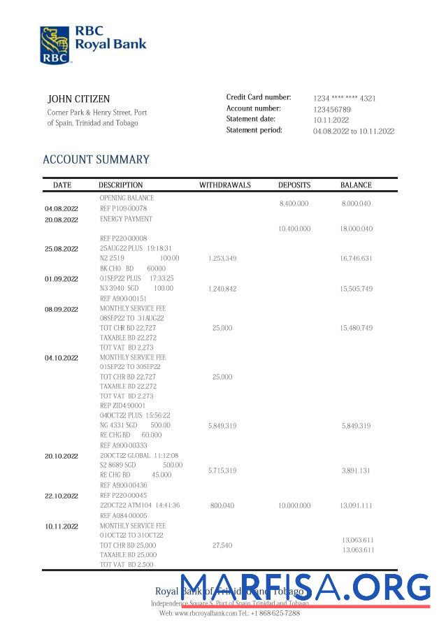 Blank Trinidad and Tobago Royal bank statement word real example
